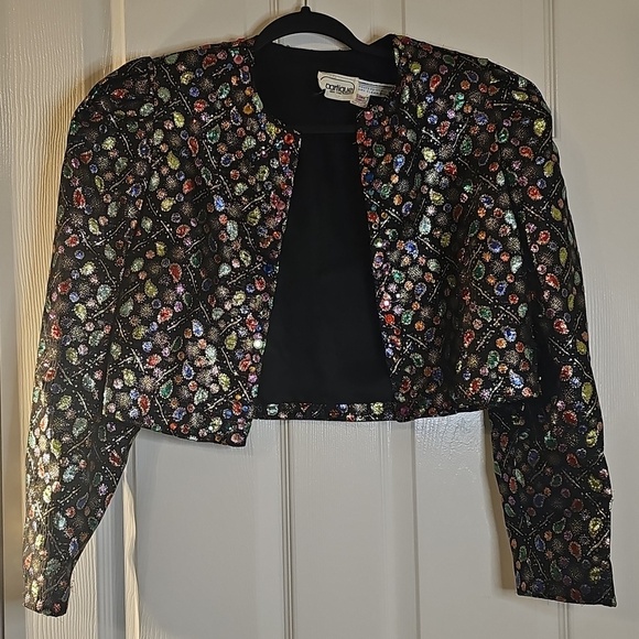 Vintage 80's Glam Women's Partique NY Jeweled Brocade Cropped Blazer Small - Picture 10 of 13
